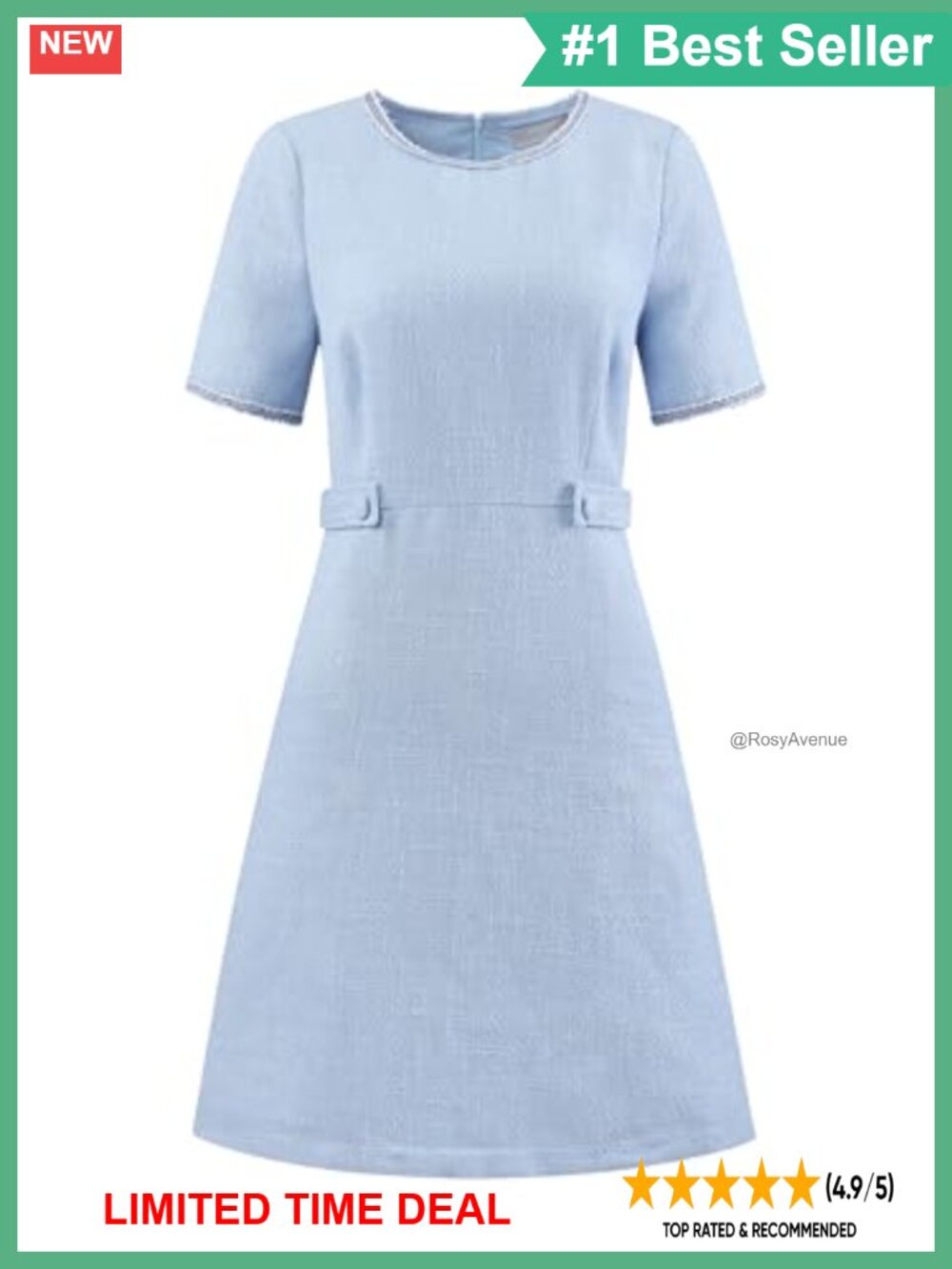 Tweed Short Sleeve Crew Neck A-Line Office Dress with Pockets
